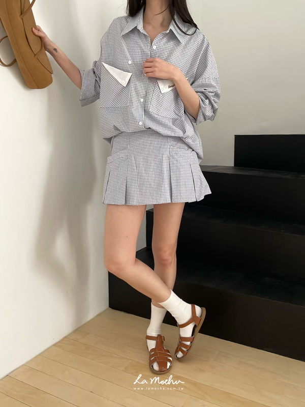 斜口袋小格子短褲裙